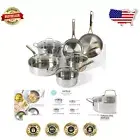 Durable 10-Piece Induction-Safe Cookware Set - Stainless Steel with Glass Lids
