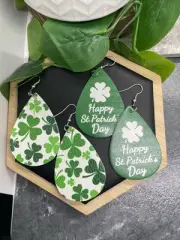 4 PC 3" Teardrop Double-Sided St. Patrick’s Day Leather Earring Set New B5152