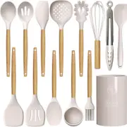 Silicone Cooking Utensils Set - 446°F Heat Resistant Silicone Kitchen Utensils for Cooking,Kitchen Utensil Spatula Set w Wooden Handles and Holder, BPA FREE Gadgets for Non-Stick Cookware