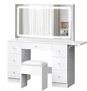 ALFORDSON Dressing Table Chair Set with Adjustable LED Mirror 140cm, White Color, Dress Desk with Matching Stool, Makeup Vanity Desk with Flip-up Countertop