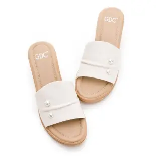 【GDC】春夏氣質真珠柔軟真皮楔型厚底拖鞋-米色(312435-10)