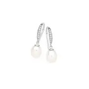 Silver 7.5mm Pearl & Cz Drop Hook Earrings in White