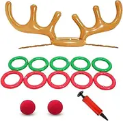 Throw Ring Game,Reindeer Antler Toss Headband Game with 10 Rings | Family Activity, 2 Red Reindeer Noses and 1 Pump, Family Christmas Games