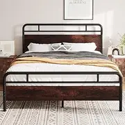 [Allewie] Queen Size Platform Bed Frame with Wooden Headboard and Footboard, Heavy Duty 13 Metal Slats Support, Under Bed Storage, No Box Spring Needed, Noise Free, Easy Assembly, Mahogany