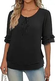 [GingDin] Womens Blouses Round Neck Short Sleeve Summer Chiffon Work Tunic Ladies Tops Dressy Casual T-Shirts