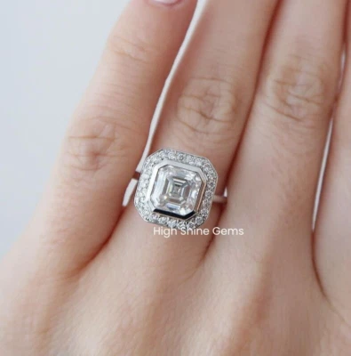 2.5CT VVS1 Asscher Cut Unique Bezel Set Halo Wedding Ring 14K White Gold