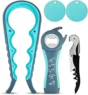 iDopick Jar Opener 4 in 1 Multi Function Can Opener for Opening Jars with lids, Wine Bottles & Plastic Jars Bottle Opener Kit with Silicone Handle for Children, Elderly and Arthritis Sufferers