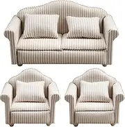 Dollhouse Couch, 3Pcs/Set 1 12 Scale Dollhouse Furniture, Striped Double ＆ Single Couch with for Children Adult