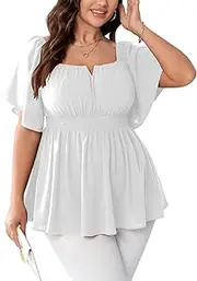 [SCOMCHIC] Womens Plus Size Peplum Tops Off The Shoulder Blouses Smocked Ruffle Babydoll Summer Top