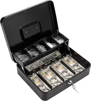 Cash Box w Lock Key & Money Tray Large Money Box, Metal Lock Box for Money Safe