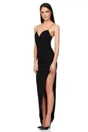 NWT Nookie $269 MSRP Black Allegra Gown SZ XL Gold Chain Straps Ruched Side Slit