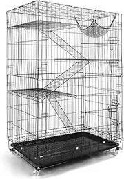 iMounTEK Cat Cage 4 Tier DIY Cat Playpen Cage Metal Indoor Cat Enclosures Rolling Metal Cat Kennel House Ferret Crate with 360° Lockable Wheels 3 Doors 3 Ladders Hammock for Cat Small Animals, Black