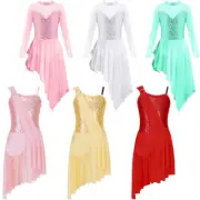Kids Girls Cutout Back Latin Leotard Mesh Skirt Gymnastic Dress Sequins Jumpsuit