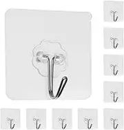 Hyshina 10-Pack Heavy Duty Waterproof Adhesive Hooks for Hanging, Max 22lb Load Capacity, Clear Transparent Damage-Free Wall Hangers, Versatile Utility Hooks, Use for Kitchen Bathroom Home
