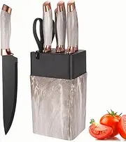 Knife Set, 7 PCS Stainless Steel Kitchen Knife Block Set with Built in Knife Sharpener, White Non Stick Coated Knife, No Rust and Sharp Knife for Chopping, Slicing and Dicing, Best Gift, Brown