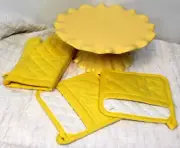 Crate & Barrel Ruffle Footed Cake 12" Platter Stand Plate Pot Holders Oven Mitt