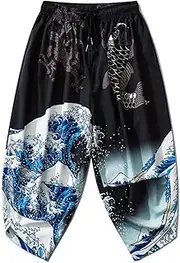[Efloorcoration] Men Japanese Kimono Traditional Casual Loose Thin A Set of Coat and Pants Asian Clothes Harakuju Fish Print Kimono Cardigan Black Pants XL