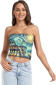 [RPLIFE] Colosseum Starry Night Style Womens Tube Top, Strapless Summer Top, Mesh Tube Tops, Trendy Crop Tops (S)