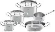 [Fissler] Original Profi Collection Stainless Steel Saucepan Set of 5 Saucepans with Metal Lid (3 Saucepans Including Lid, 1 Serving Pan and 1 Saucepan) - Induction