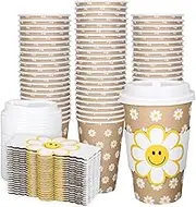 Whaline 50Pcs Daisy Disposable Paper Cups with Lids and Sleeves 16Oz Smile Daisy Flower Coffee Cups for Summer Wedding Birthday Baby Shower Table Decor Party Supplies