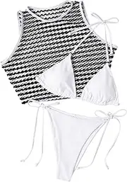 [Jolefille] 3 Piece Bikini Sets for Women String Thong Micro Swimsuit with Fishnet Cover Up Triangle Halter Bathing Suit