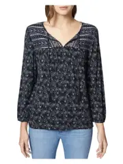 SANCTUARY Womens Black Embroidered Long Sleeve V Neck Peasant Top XS