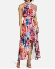 Eliza J Floral Halter Neck Popover High/Low Dress Pink Multicolor Mock Size 10