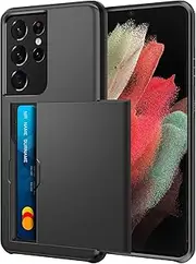 for Galaxy S21 Ultra Case with Credit Card Holder, Areaphmet Wallet Case Slide Cover Dual Layer Hard PC Rubber Cover Phone Case for Samsung Galaxy S21 Ultra 5G 6.8'' 2021 Black