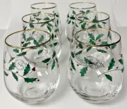 Six New Lenox Holly Pattern Stemless Holiday Wine Glasses 14kt Gold Rims Labels