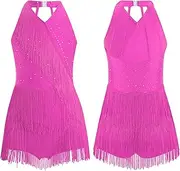 [YiZYiF] Big Girl's Samba Rumba Dance Bodysuit Tango Latin Jazz Dance Dress Shiny Fringe Leotard Tassel Jumpsuit