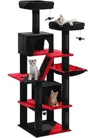 PAWZ Road 180cm Gothic Large Cat Tree for Indoor Cats, Multi-Level Cat Tower Cat Scratching Post with 2 Perches, 2 Condos, Hammock and 2 Pompoms Black