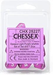 Chessex Opaque 10D Polyhedral 10 Dice set, Light Purple/White