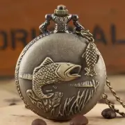 Bronze 3D Fish Pattern Quartz Analog Pocket Watch for Men Women Gadget Chain