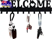 Black Metal Key Holder for Wall, "Welcome" Design, 10 Hooks, Adhesive