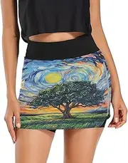 [RPLIFE] Starry Night Beautiful Tree Blue Sport Skirt, Athletic Skorts, High Waisted Skirts for Women Tummy Control