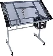 Drawing Table, Art Craft Table and Crafts Desk with 2 Drawers, Tiltable Tabletop, Wheels & Clips, Multifunctional Painting Table for Graphic Design, Drawing, Painting, Work & Study