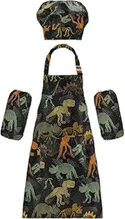 AIXIWAWA Kids Apron Chef Hat Set, Child Kitchen Bib Aprons Adjustable for Cooking Baking Painting (Dinosaur Skeleton)