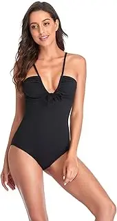 [TEMKIN] Swimming Costume for Women V Neck One Piece Swimsuit High Waisted Adjustable Straps Beach Swimwear