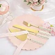 DJAPWPX Stainless Steel Cake Knife Server Set, Efficient Cake Cutting Set, Easy to Use Pizza Cutting Kit with Ceramic Handle for Picnic (Gold)