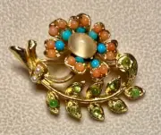AUTHENTIC SWOBODA FLOWER BROOCH~MOONSTONE, PERIDOT, CORAL, TURQUOLITE~BEAUTIFUL!