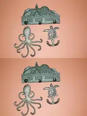 Beach Bath House Towel Hooks, Bronze Look Cast Iron, Octopus / Sea Turtle, 6 pcs