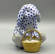 Herend Figurine Bunny w/ Easter Eggs Basket Sapphire Blue Fishnet New ($555)