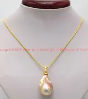 Huge Natural 15x20mm Pink Baroque Freshwater Pearl Gems Pendant Necklace 17in