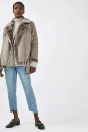 TOPSHOP Faux Shearling Biker Jacket Grey Size UK 14 rrp £79 NH100 PP 03