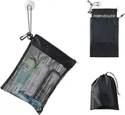 [YUMA Active] Shower Bag Tote Mesh Caddy Toiletry Organizer 12”L x 9”W Compact and Lightweight With Suction Cup Cord for Hanging Zipper and Drawstring Pouch 14”L x 10”W Black