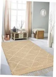 Jute Boho Area Rug 4'x6' - Natural Beige, Non Slip Large Diamond Checkered