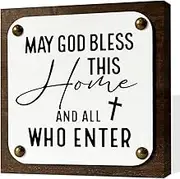 Religious Decor, May God Bless This Home and All Who Enter Sign, Wooden Box Sign Decor Art, Farmhouse Home Decor for Shelf, Front Door Decor, Housewarming Decor, Christian Wooden Sign Gift