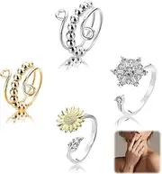 Pack of 4 Anxiety Spinning Rings for Women, Adjustable Anti-Stress Ring, Open Rings, Fidget Spinner Rings, Mindfulness Ring, Anxiety Ring, Adjustable, Stackable for Girls and Women, Stress Relief
