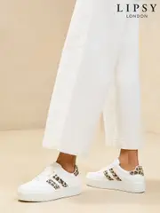 Lipsy Neutral Flat Chunky Flatform Lace Up Stripe Faux Leather Trainers (AL5639) | $104