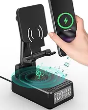 ENODPOWERX Wireless Charging Phone Stand with Bluetooth Speaker & Digital Alarm Clock – Multi-Function Stand for iPhone, Samsung, Huawei